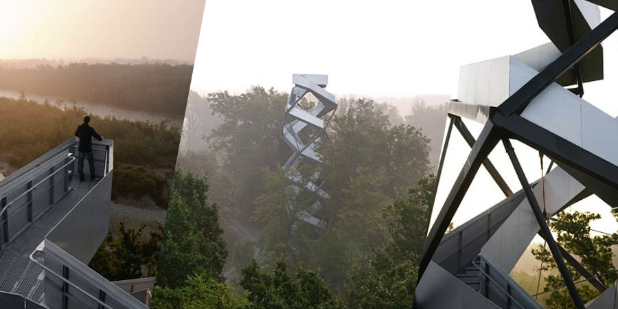 This observation tower by Munich office terrain:loenhart&mayr rises over the river Mur at the Austrian border with Slovenia.