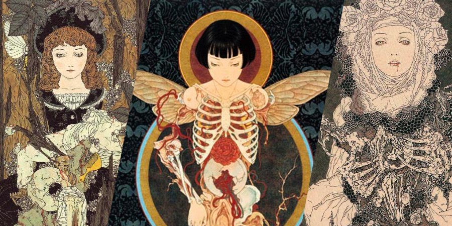 Takato Yamamoto é quase desconhecido fora do Japão. Mas o brilho do seu trabalho não deve ser limitado pela sua popularidade. Seus temas de erotismo, ocultismo, bondage são traduzidos em linhas muito finas e precisas que geram um surrealismo ainda maior. Seus rostos padecem de uma ausência de emoção que ajuda a passar um visual ainda mais grotesco. Sou fã desse cara.
