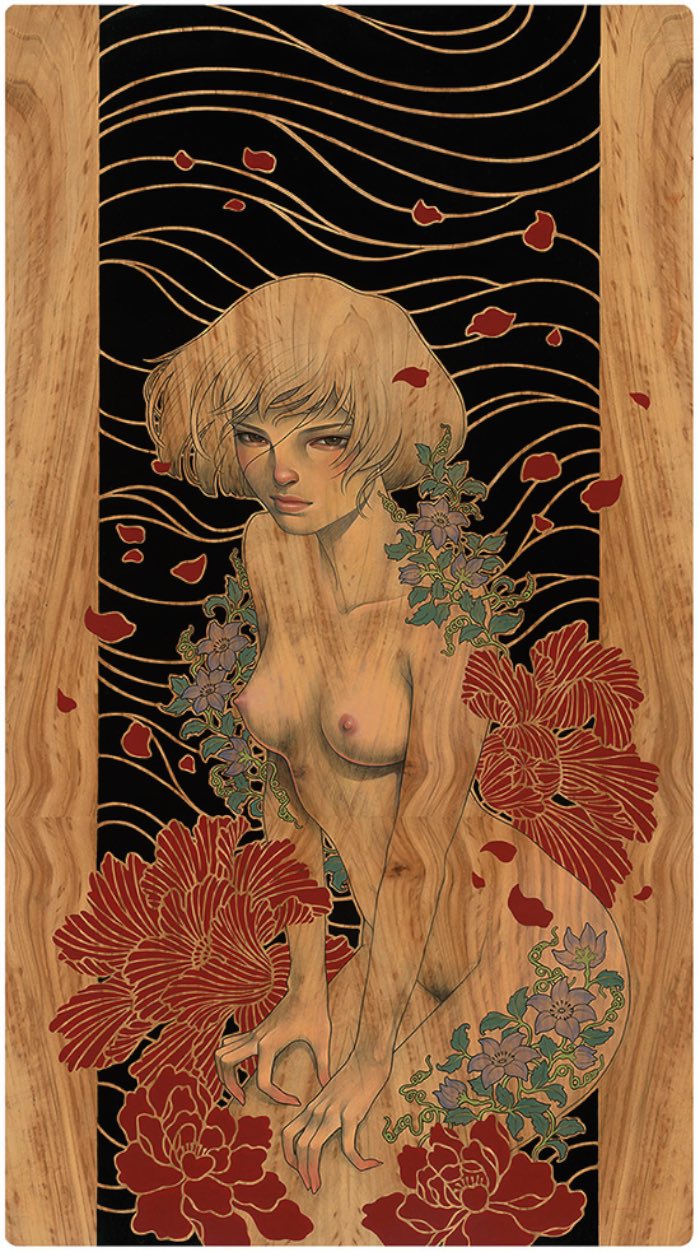Um dos pontos que mais gosto no trabalho da Audrey Kawasaki acaba sendo meio contraditório. Digo isso já que enxergo nas suas pinturas um lado erótico e, ao mesmo tempo, inocente. Cada pintura parece ter sido feita para ser atraente de um jeito quase perturbador.