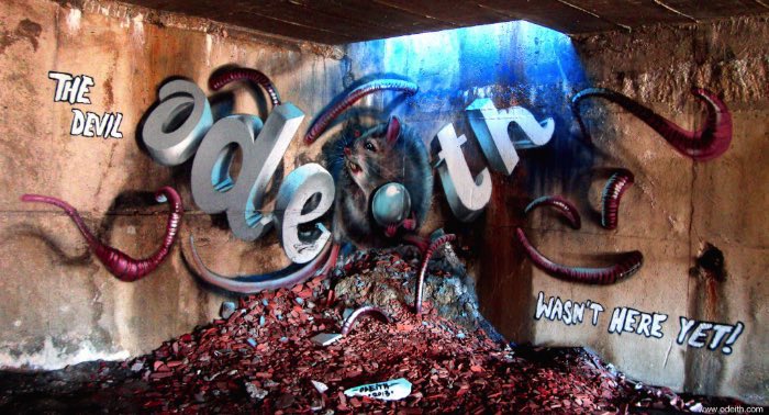 Odeith é um grafiteiro português que começou a pintar as paredes de Damaia nos anos oitenta. Foi só depois que desenvolveu o que ele chama de graffiti 3D.