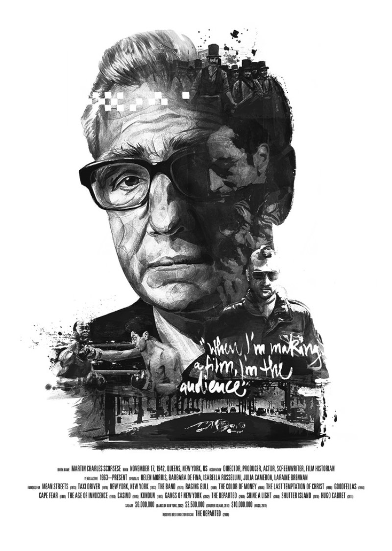 O ilustrador Julian Rentzsch criou uma série posters para famosos diretores de cinema, como Alfred Hitchcock, Martin Scorsese e David Lynch.