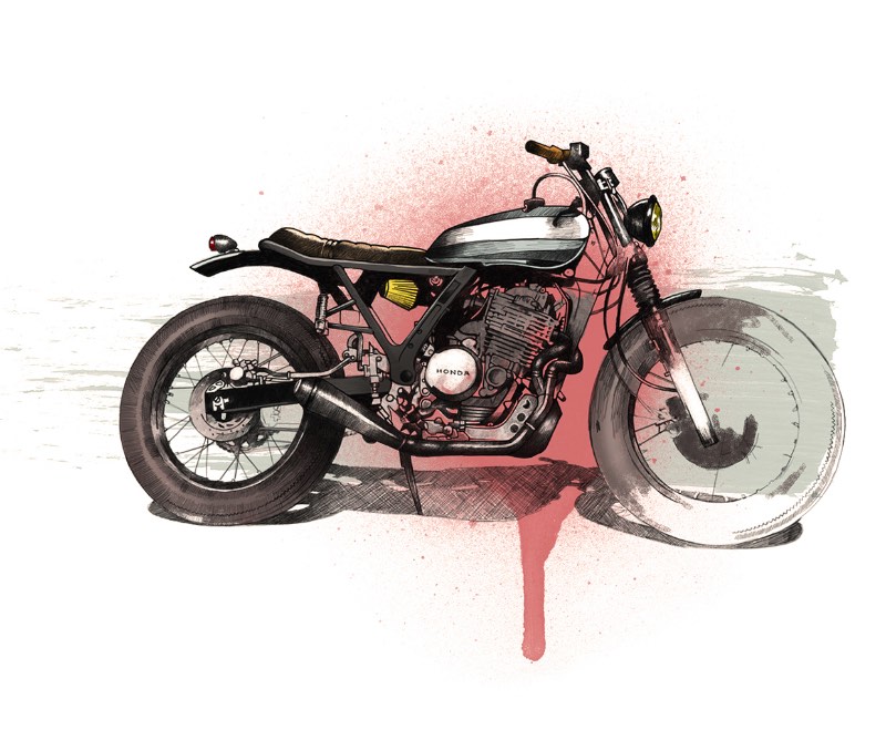 Cafe Racer Project é um projeto pessoal do Oscar Llorens, ilustrador espanhol baseado em Madrid. Aqui ele resolveu juntar duas de suas paixões em um lugar. Foi assim que ele combinou seu amor por ilustração com motocicletas. 