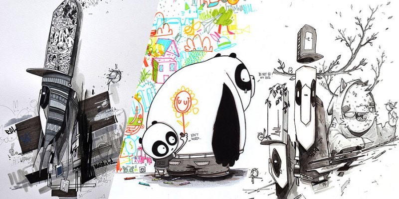 As ilustrações que você vai ver logo abaixo fazem parte de um projeto colaborativo chamado A3. Aqui, os ilustradores Monsta Julien, Mlle Terite e Ant do Pandakroo trabalharam juntos para uma exposição nas Ilhas Reunião. Tudo aconteceu em setembro de 2015 na SoHype. No momento que me deparei com esse projeto no Behance, sabia que precisava publicar algo aqui.