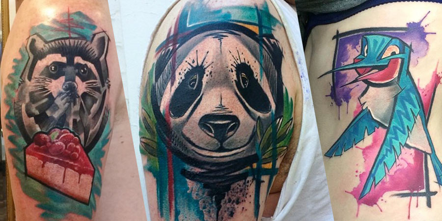 A primeira coisa que me chamou a atenção nas tatuagens de Emil Giczewski é como ele lida com aquarelas em suas tatuagens. Muitos tatuadores da atualidade resolveram seguir o estilo do momento e resolveram adotar aquarelas no meio de seus desenhos como se elas fossem apenas manchas coloridas preenchendo o estilo da semana. Já Emil usa desse estilo visual de uma forma um pouco diferente. Suas tatuagens utilizam de elementos de aquarela e ilustração para montar um desenho de uma forma diferente. De um jeito mais coeso e que faz sentido e eu gostei muito disso.