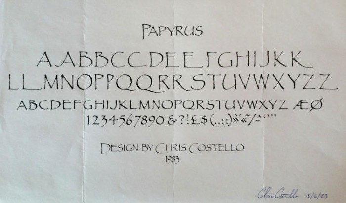 Já falei sobre a Comic Sans algumas vezes aqui mas não consegui descobrir se já falei sobre a fonte que eu mais odeio na história. Essa fonte é a Papyrus e, hoje, descobri que seu criador tem nome e ele se chama Chris Costello. Esse é o nome do responsável pela criação da Papyrus em 1982.