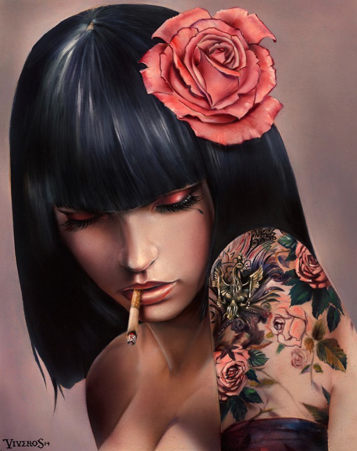 É fácil reconhecer o traço e o estilo visual de Brian M. Viveros afinal, suas pinturas mostram figuras femininas com olhares desafiantes que parecem capturar uma sensação quase poética de desafio. Essas figuras femininas são de uma beleza bárbara que capturam todo seu poder de uma feminilidade conciliada com vulnerabilidade e poder.