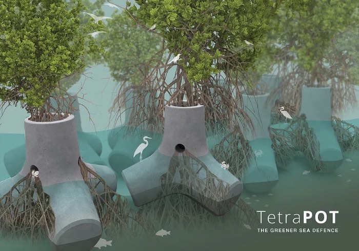O TetraPot é uma estrutura de concreto feita para ajudar a impedir a erosão causada pelos força do mar nas costas do mundo. A ideia é usá-los para aumentar e preservar os mangues que costumavam cobrir grandes partes da área costeira do planeta.