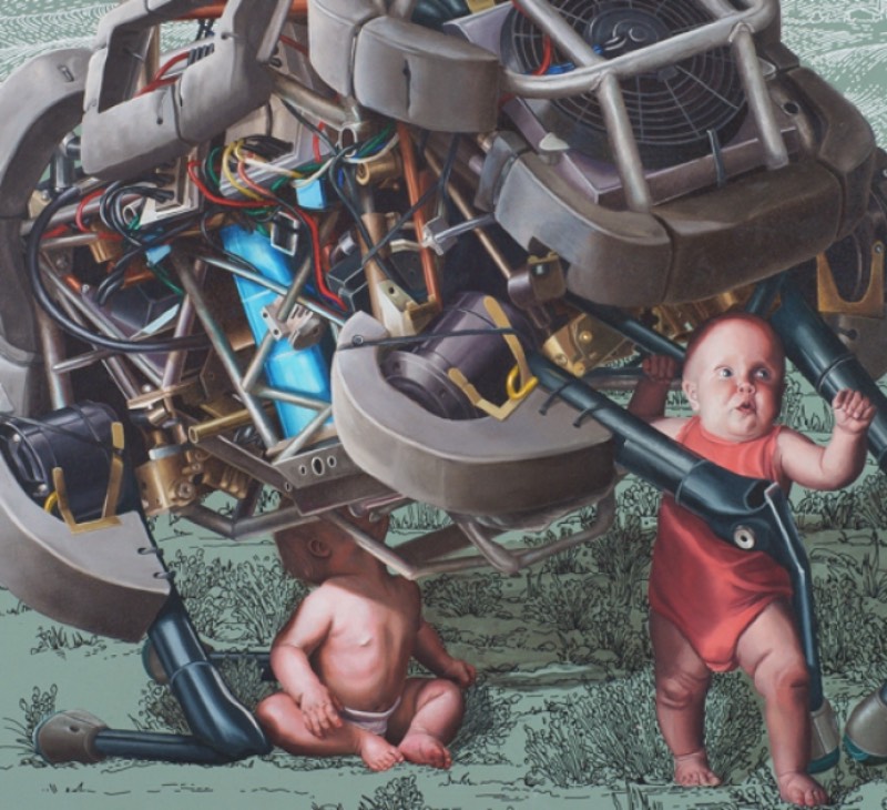 As pinturas de Julia Faber parecem mostrar uma fascinação por robôs. Mas não aqueles robôs de ficção científica que existem no cinema. Os robôs que aparecem aqui são mais próximos daqueles da Boston Dynamics, o que acaba deixando as imagens aqui um pouco mais próximas da realidade.