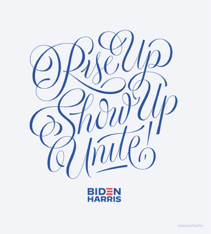 Seguindo a iniciativa da designer Jessica Hische, um grupo de artistas e designers norte-americanos estão produzindo uma série de posters para a campanha presidencial de 2020. A ideia aqui é chamar a atenção para a candidatura democrata de Joe Biden e Kamala Harris e pelo fim do mandato de Donald Trump.