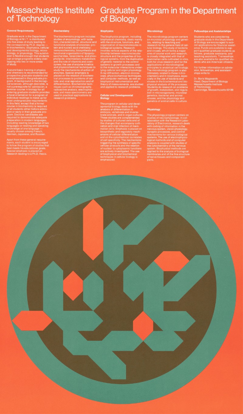 O foco do meu interesse no trabalho de posters de Dietmar Winkler vem de um instante histórico onde ele trabalhou no Escritório de Serviços de Design do MIT. Entre 1968 e 1970, ele ajudou a desenvolver uma linguagem visual diferenciada para o Instituto de Tecnologia de Massachusetts e essa estética se tornou tão reconhecida que redefiniu a recepção do mesmo como instituição educacional.