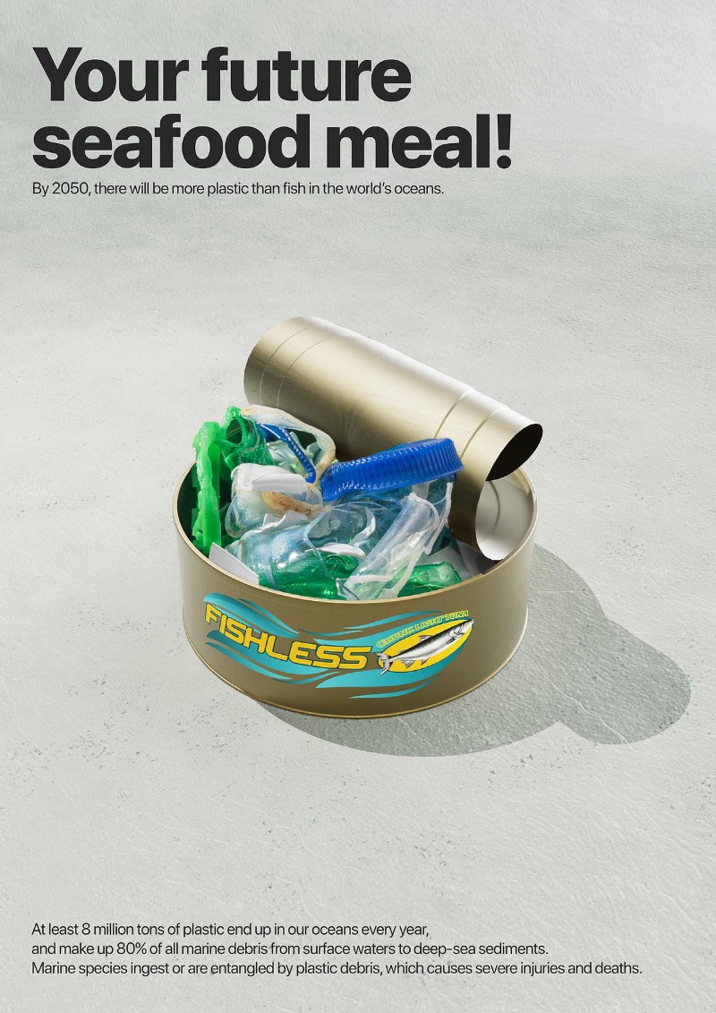 Sua futura refeição de frutos do mar já que, pelo menos, oito milhões de toneladas de plástico acabam sendo despejadas nos nossos oceanos todos os anos. Hoje em dia, mais de 80% dos detritos marinhos são de plástico e eles estão em todos os lugares: dos sedimentos do fundo do mar até as águas mais superficiais. As espécies marinha acabam ingerindo todo esse plástico ou acabam se emaranhando nos detritos, causando sua morte.