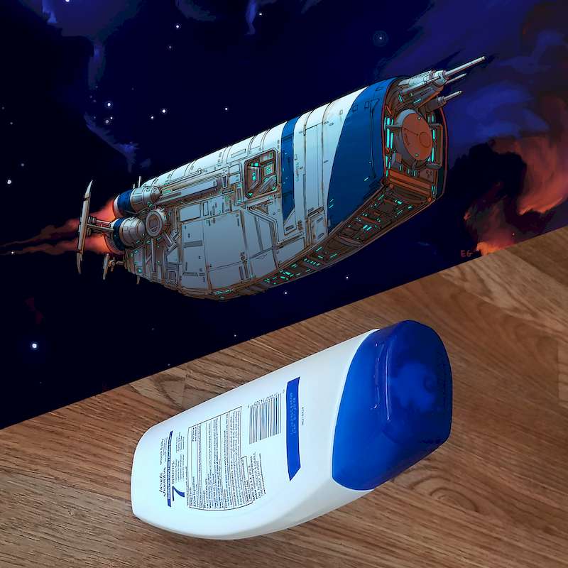 É isso mesmo que você leu. Comecei a acompanhar o trabalho ilustrado de Space Gooose porque ele transformou uma embalagem de xampu em uma nave espacial. E isso abriu uma porta da minha criatividade que eu nunca tinha pensado antes. Foi assim que descobri o mundo de kitbash e tudo mais que vem junto com esse tópico.