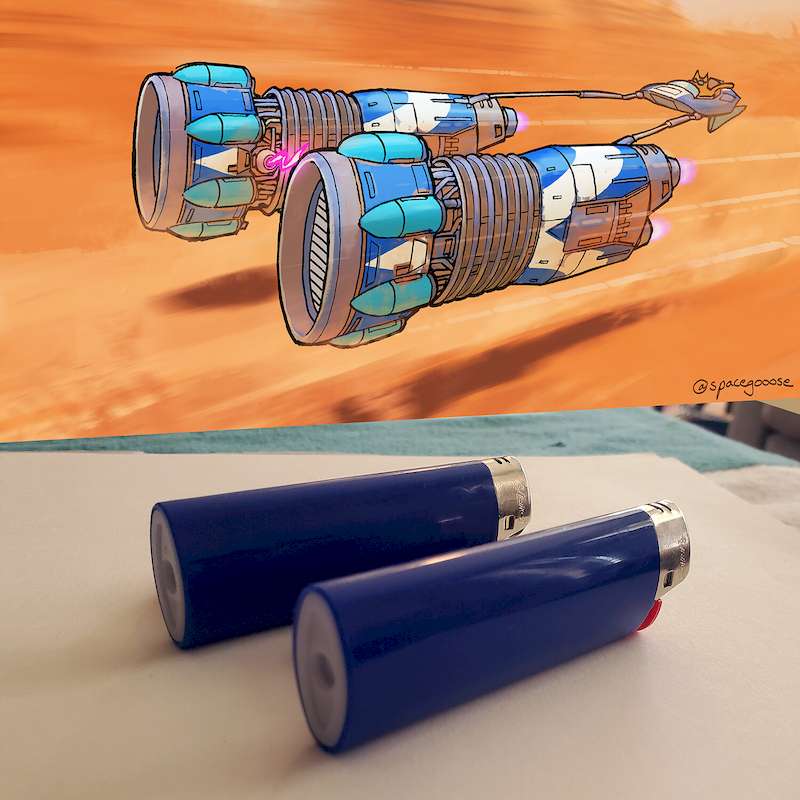 O ilustrador conhecido online como Space Gooose é uma referência pessoal quando se trata de trabalhos para ficção científica já que acompanho seu portfólio online há anos. Tudo começou quando me deparei com um dos seus desafios de transformar objetos do dia a dia em naves espaciais.