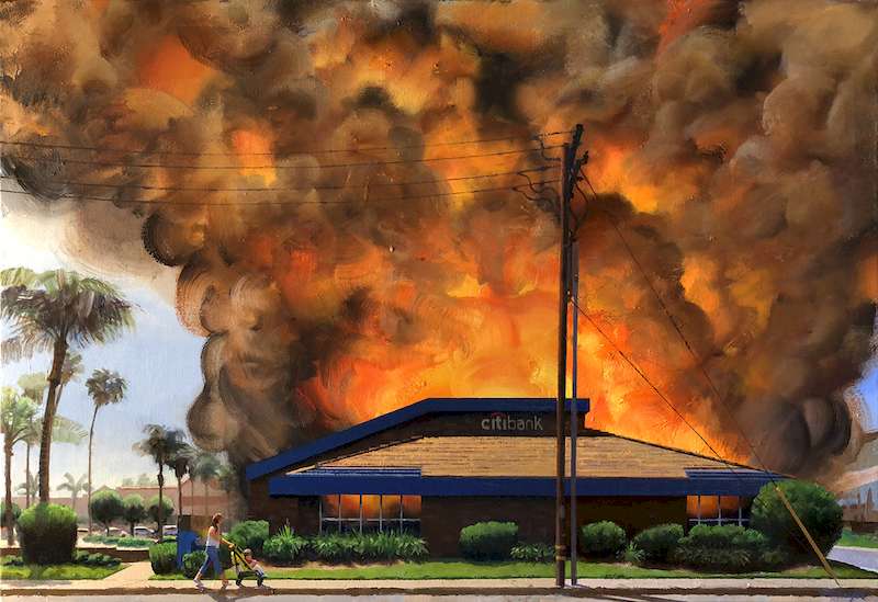 Conheci o trabalho de Alex Schaefer quando me deparei com suas pinturas onde bancos de Los Angeles são apresentados em chamas. Essas locações costumam ser do banco Chase ou do Bank of America e sempre estão sendo consumidos por incêndios.