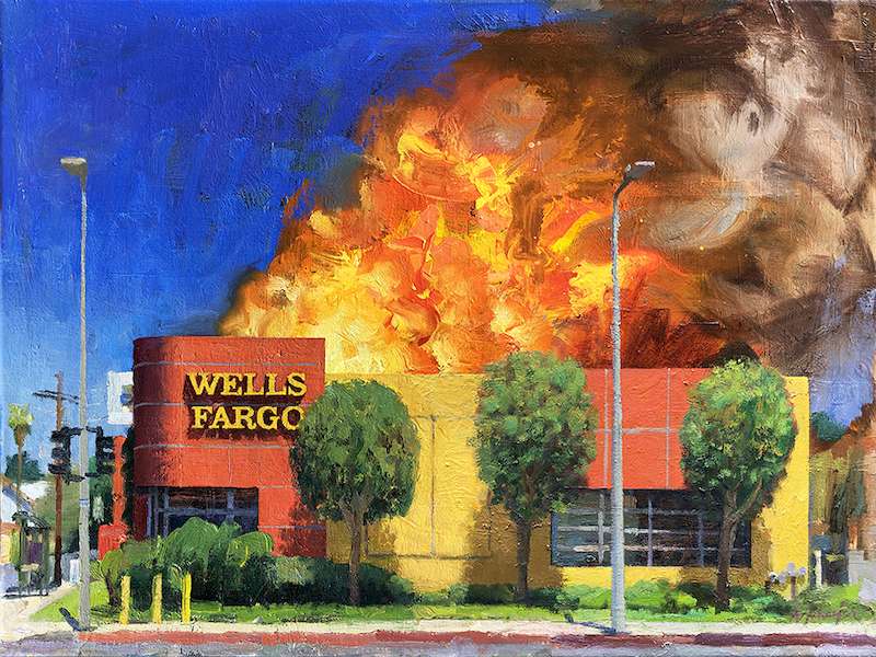 Conheci o trabalho de Alex Schaefer quando me deparei com suas pinturas onde bancos de Los Angeles são apresentados em chamas. Essas locações costumam ser do banco Chase ou do Bank of America e sempre estão sendo consumidos por incêndios.
