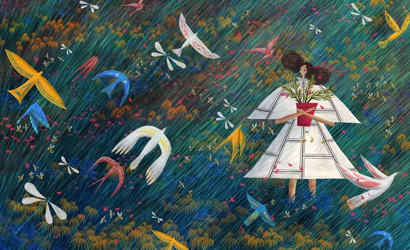 Rosanna Tasker usa de uma combinação de materiais, passando pela tinta guache, o giz de cera e o lápis para criar ilustrações evocativas que transmitem uma nostalgia cheia de energia viva.