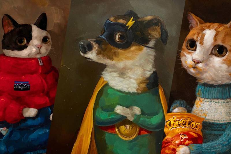 Os seus personagens, muitas vezes cães e gatos, exalam uma aura de travessura divertida que ressoa nos espectadores. Um cachorro tomando um gole de gim, um gato com um sorriso malicioso – esses momentos que Alison Friend captura com a sua mistura característica de realismo e capricho. As suas pinceladas delicadas e paletas de cores conferem um toque de magia a cada peça, tornando-as realmente irresistíveis.